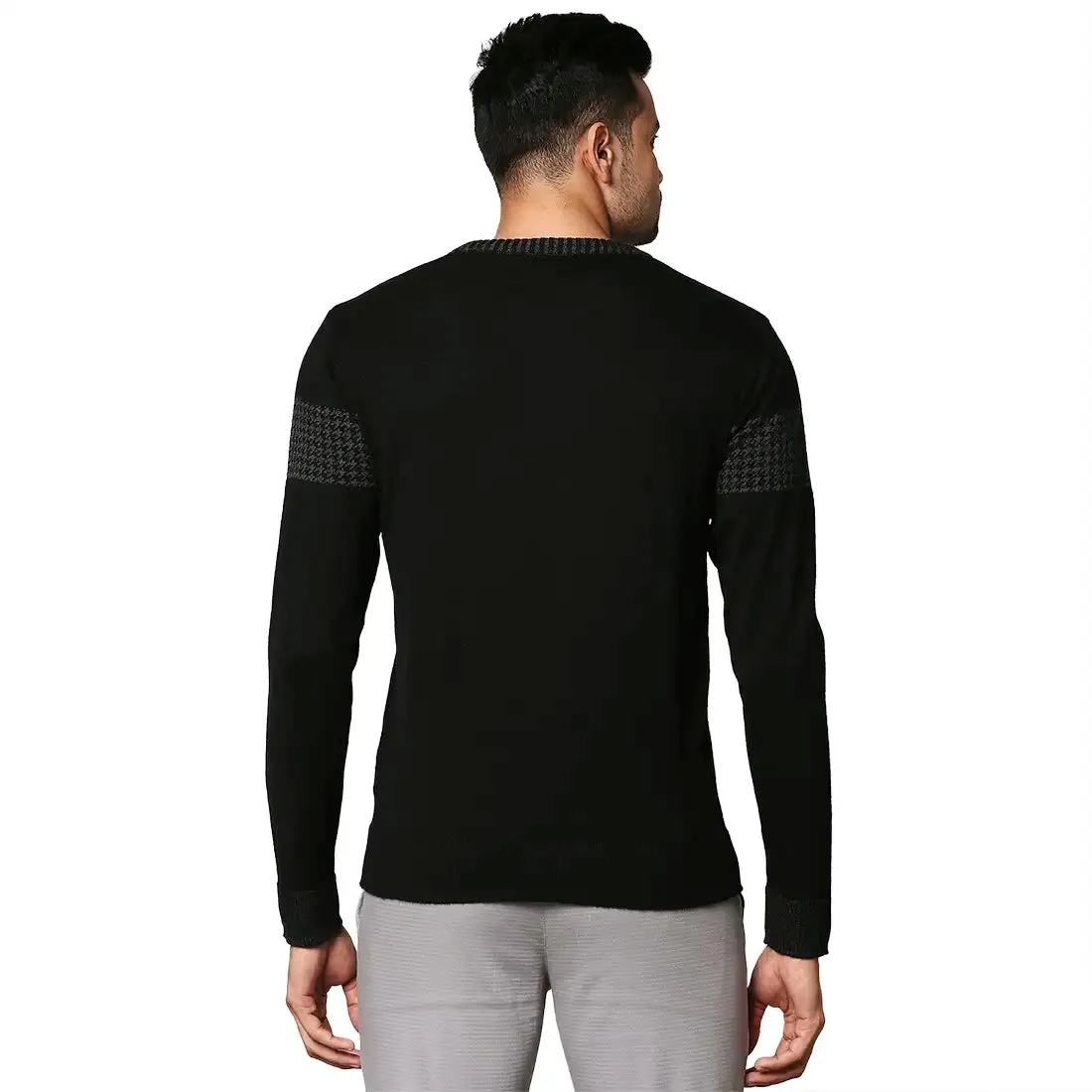Men Black Intarsia Wool Blend Round Collar Sweaters