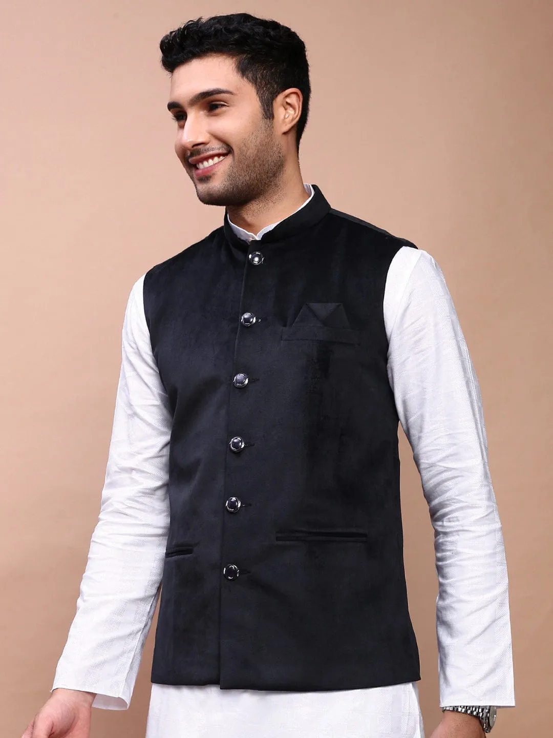 Men Black Slim-Fit Nehru Jackets