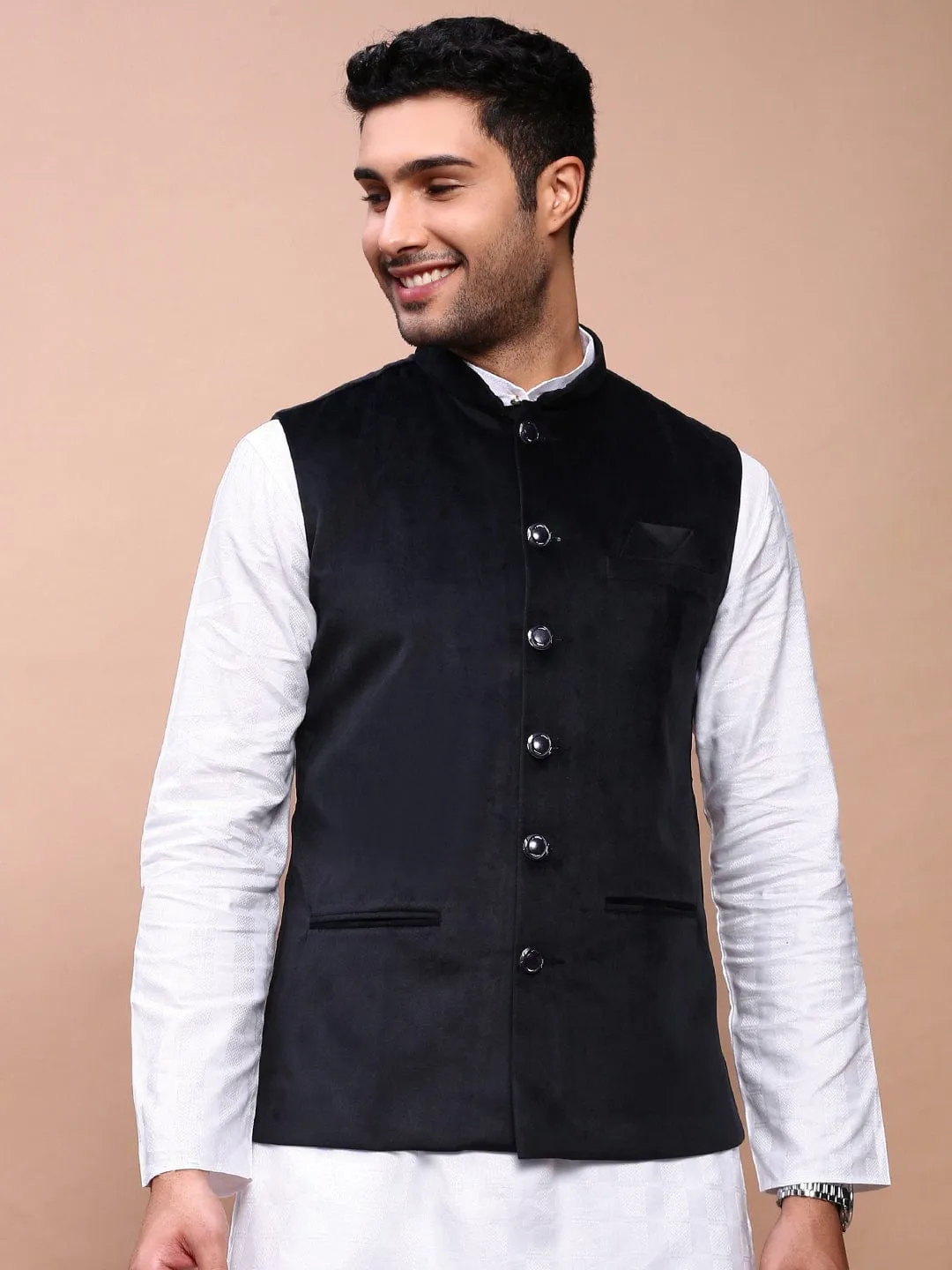 Men Black Slim-Fit Nehru Jackets