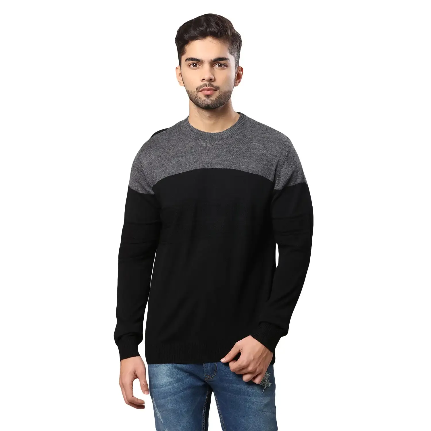 Men Black Stripe Acrylic Wool Blend Round Collar Sweaters