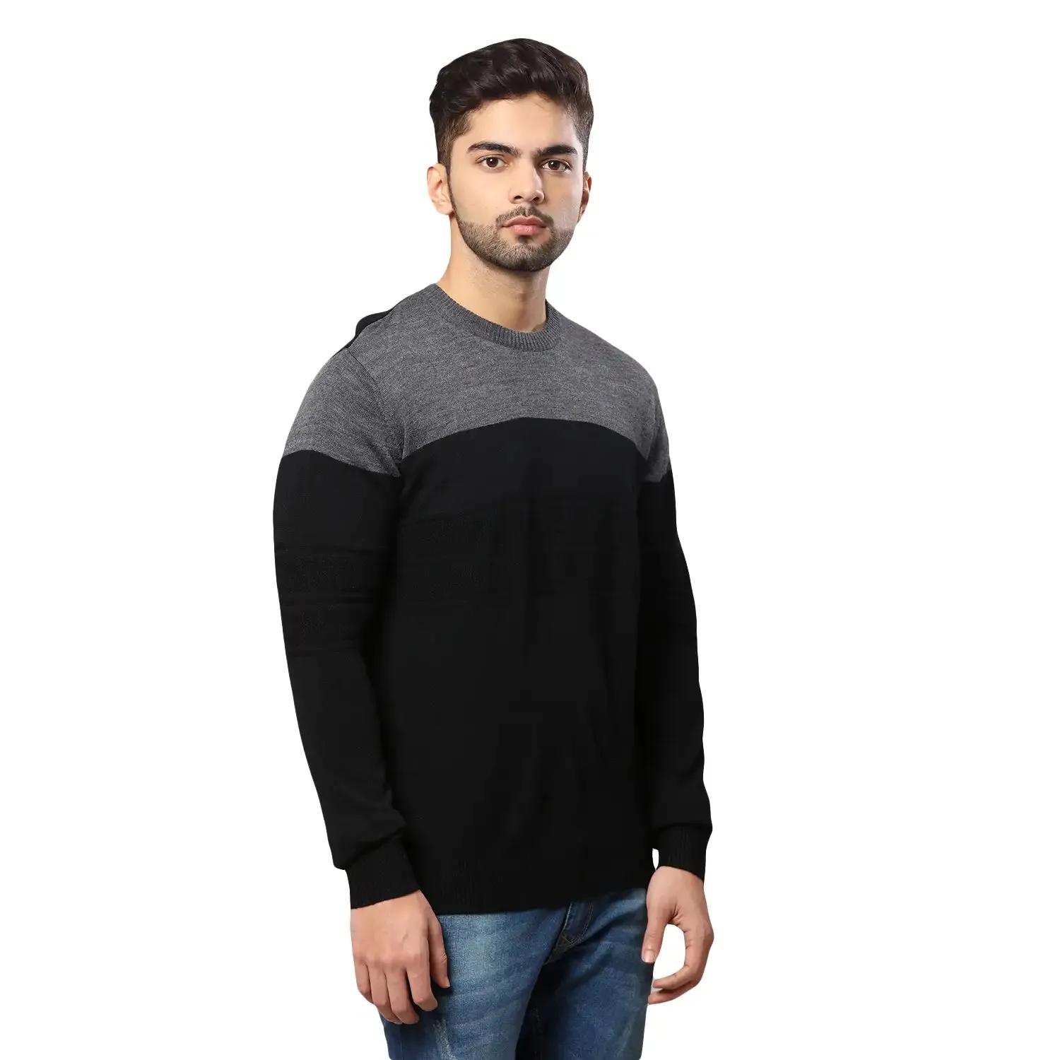 Men Black Stripe Acrylic Wool Blend Round Collar Sweaters