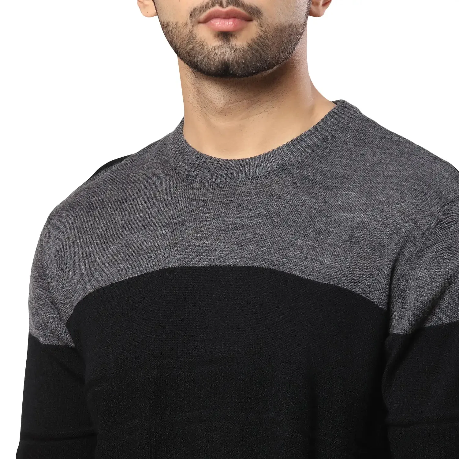 Men Black Stripe Acrylic Wool Blend Round Collar Sweaters
