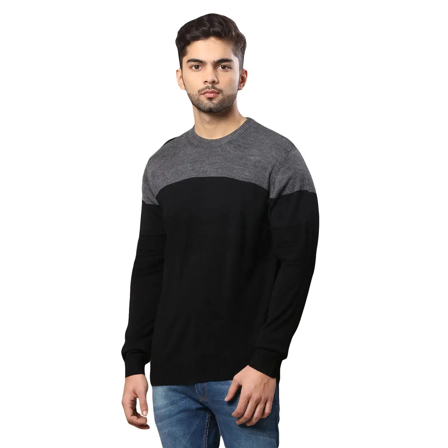 Men Black Stripe Acrylic Wool Blend Round Collar Sweaters