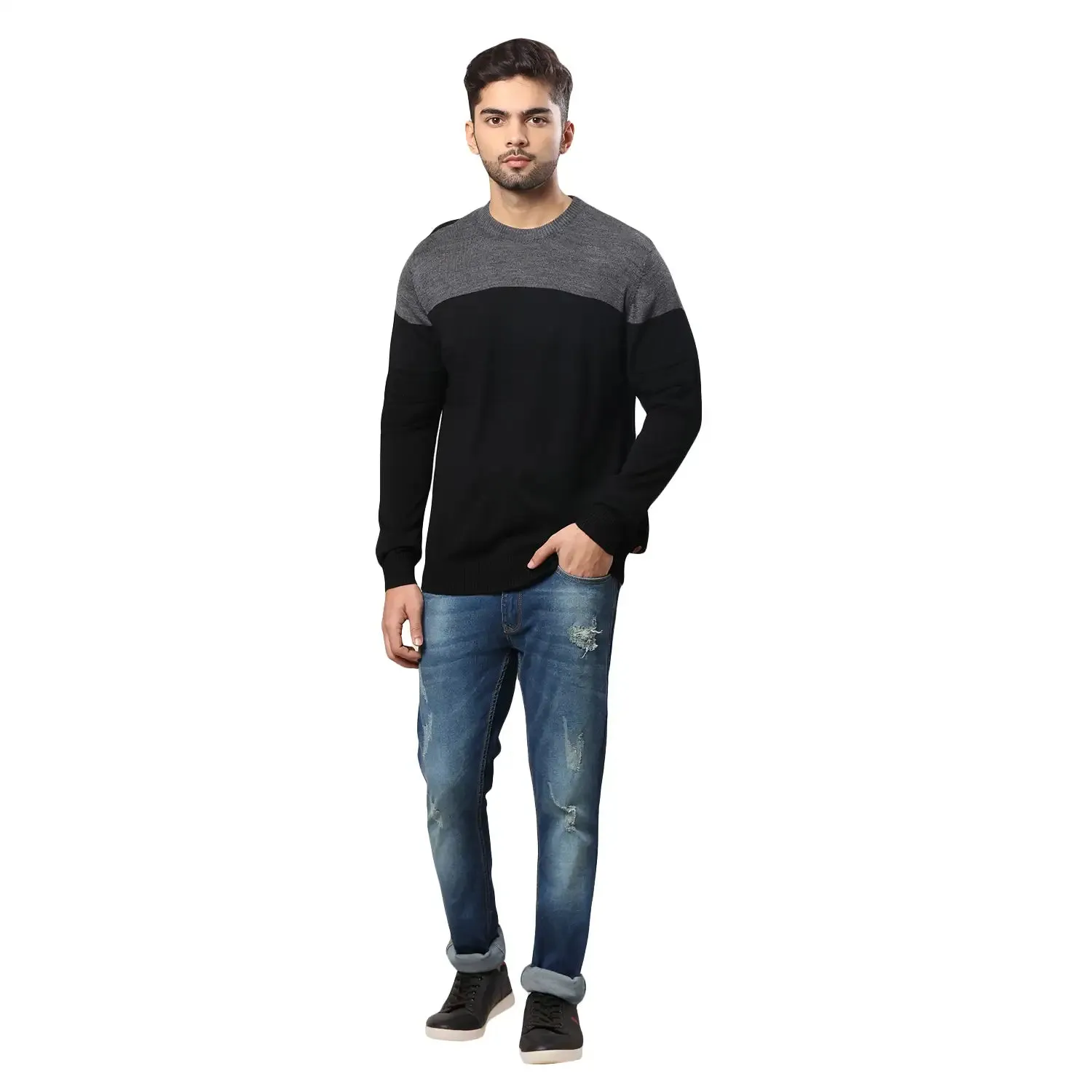 Men Black Stripe Acrylic Wool Blend Round Collar Sweaters