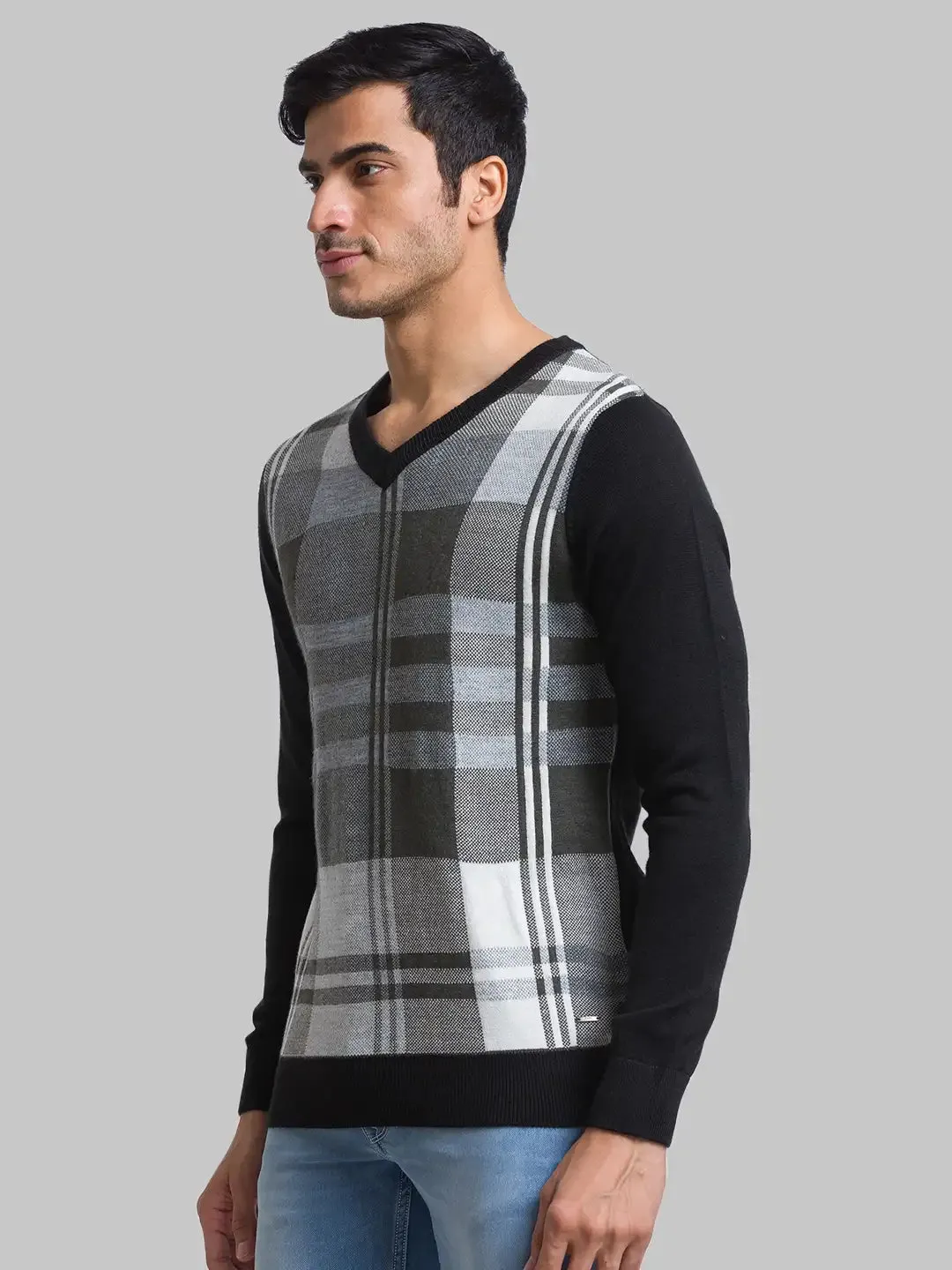 Men Black Yarn Dyed Acrylic Blend Full Sleeve Sweaters