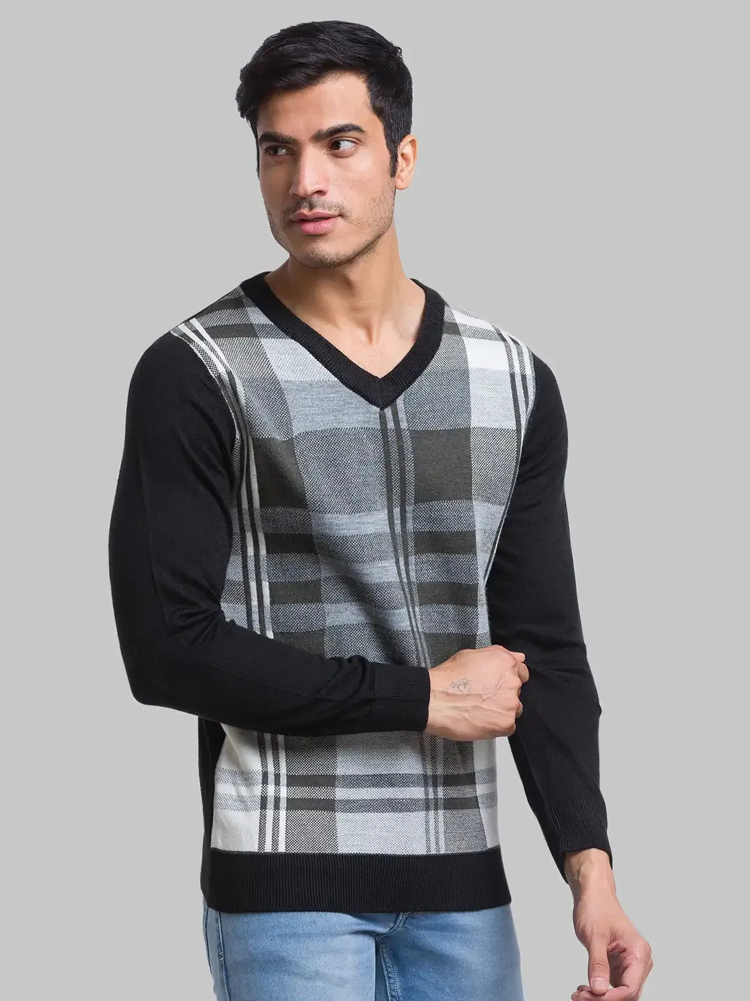 Men Black Yarn Dyed Acrylic Blend Full Sleeve Sweaters