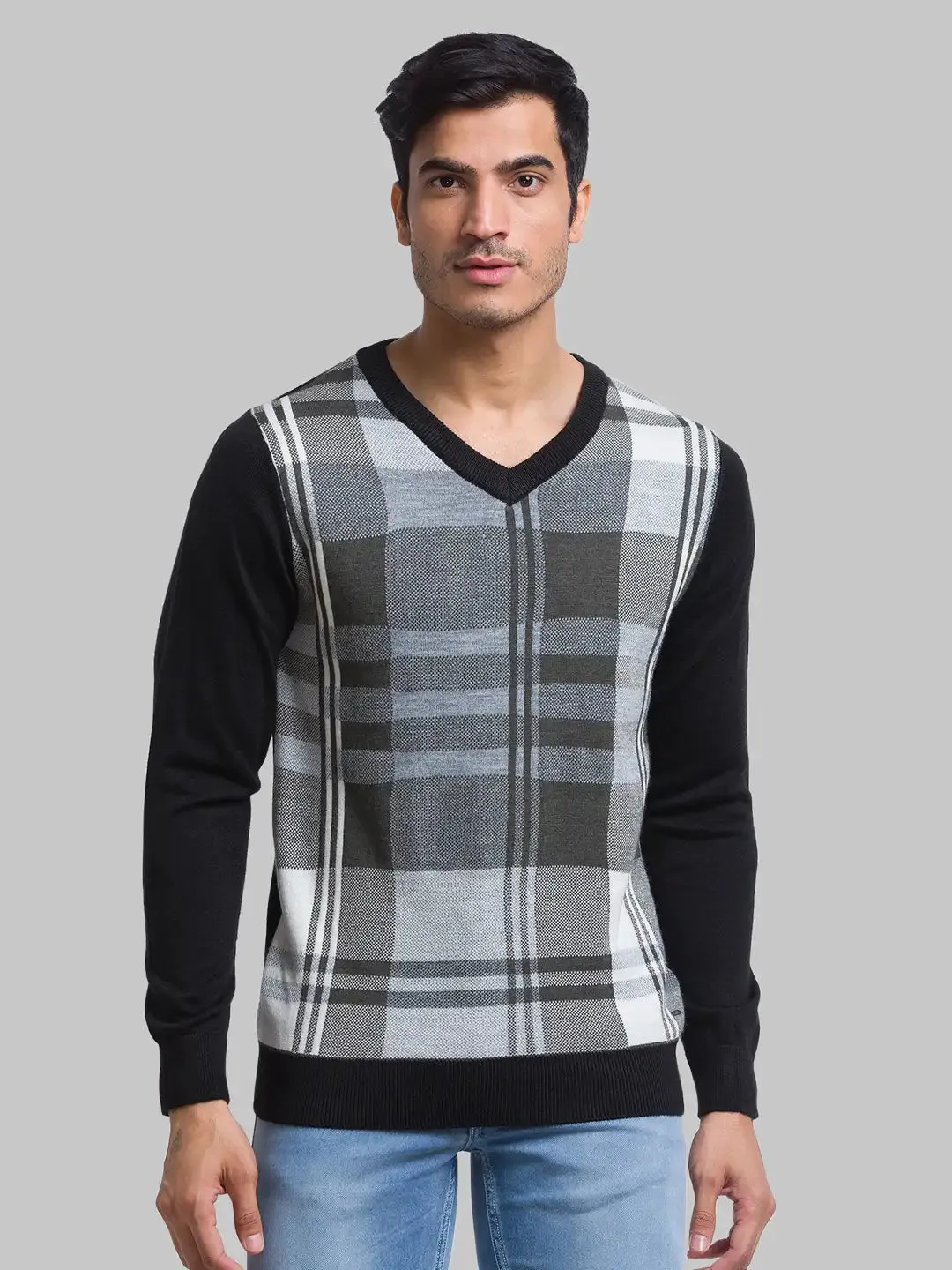 Men Black Yarn Dyed Acrylic Blend Full Sleeve Sweaters