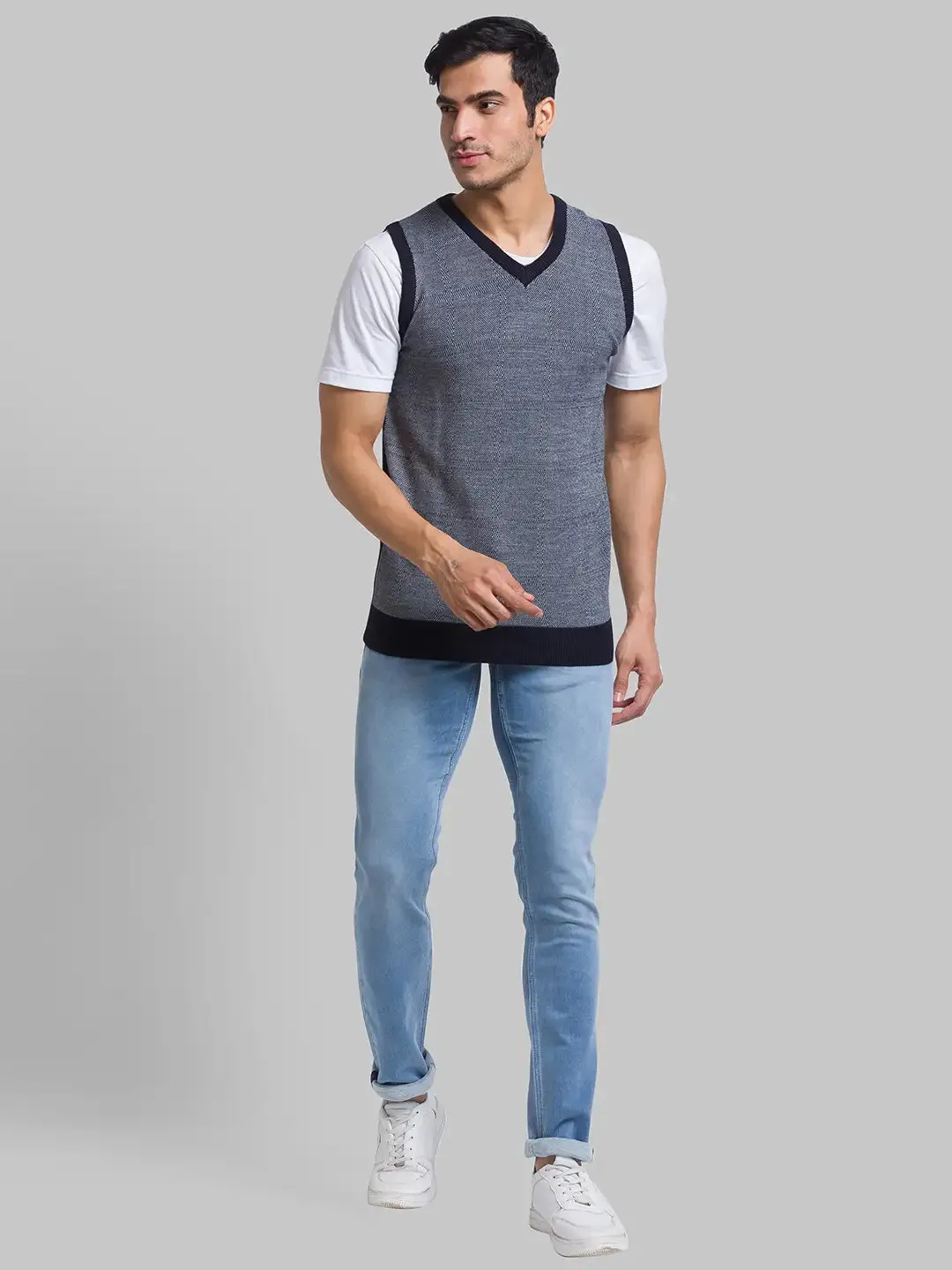 Men Blue Jacquard Acrylic Blend Sleeveless Sweaters