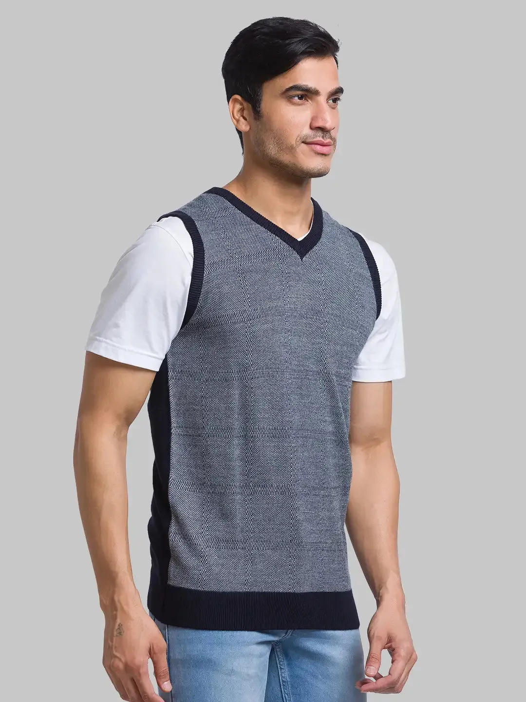 Men Blue Jacquard Acrylic Blend Sleeveless Sweaters