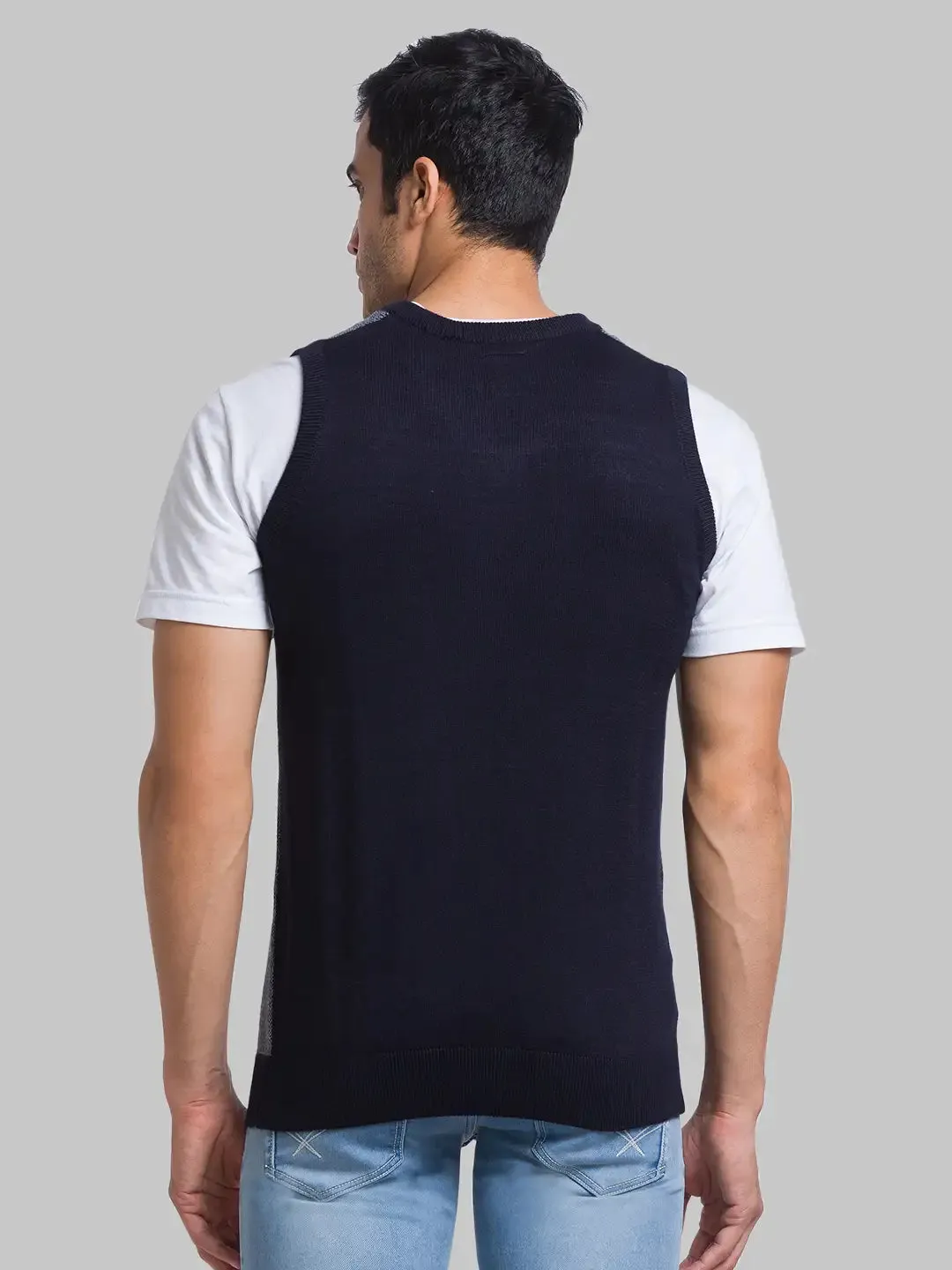 Men Blue Jacquard Acrylic Blend Sleeveless Sweaters