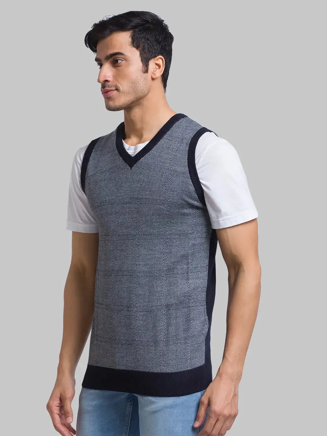 Men Blue Jacquard Acrylic Blend Sleeveless Sweaters