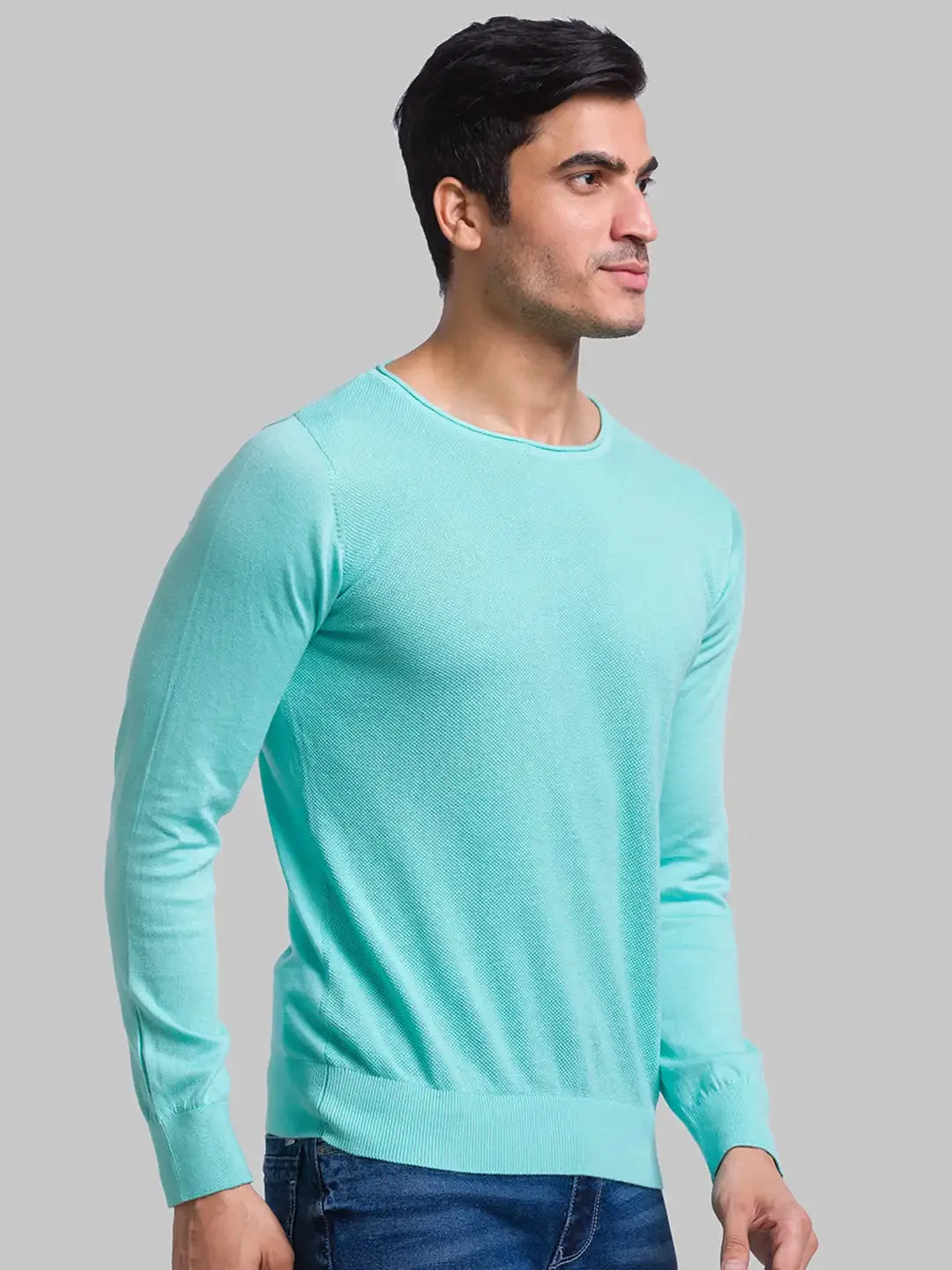 Men Blue Structure Cotton Full Sleeve Sweaters