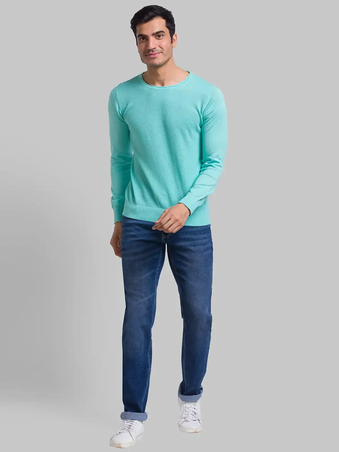 Men Blue Structure Cotton Full Sleeve Sweaters