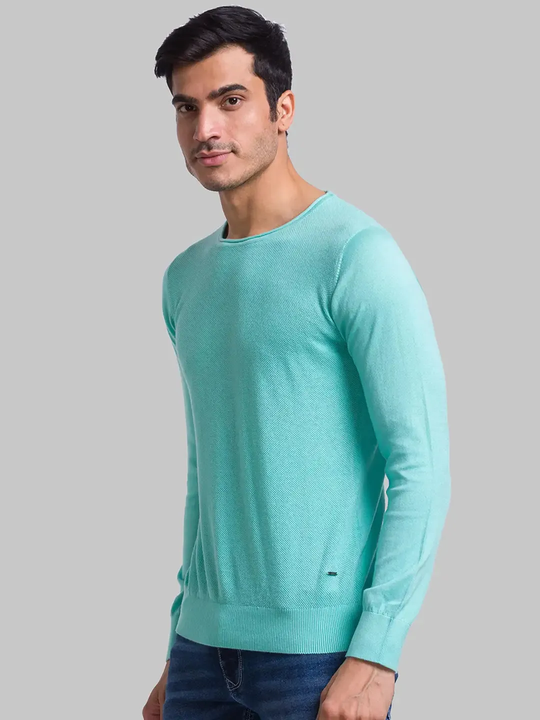 Men Blue Structure Cotton Full Sleeve Sweaters