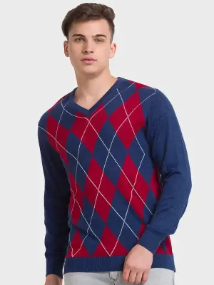 Men Blue Tailored Fit Jacquard Acrylic Merino Blend Full Sleeve V Neck Collar Sweaters
