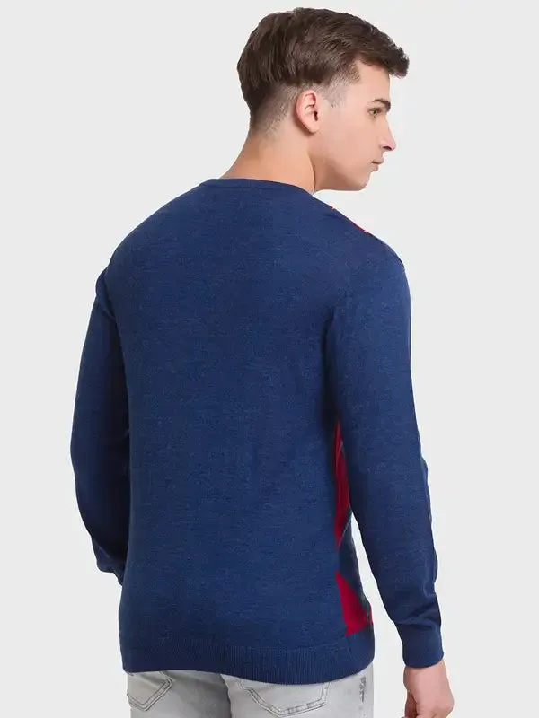 Men Blue Tailored Fit Jacquard Acrylic Merino Blend Full Sleeve V Neck Collar Sweaters