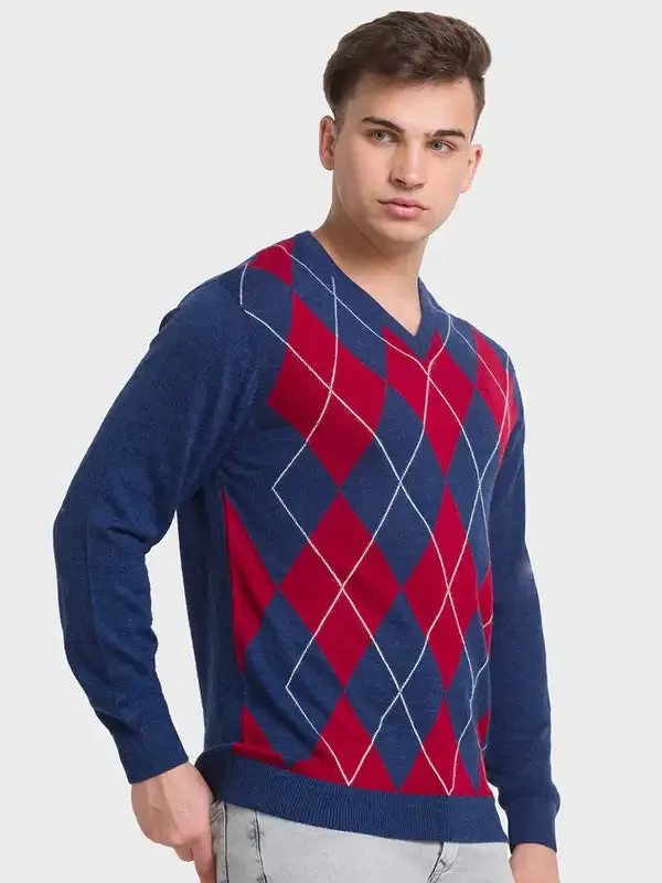 Men Blue Tailored Fit Jacquard Acrylic Merino Blend Full Sleeve V Neck Collar Sweaters