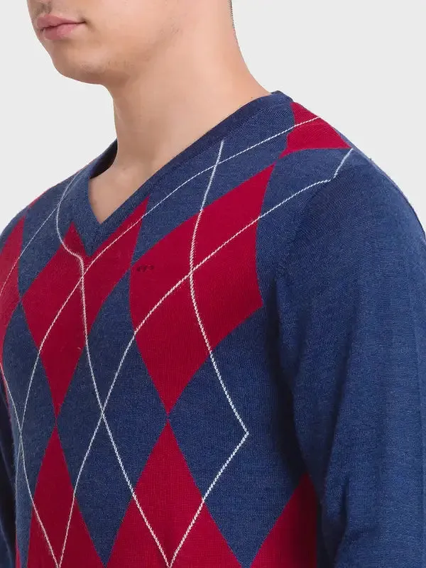 Men Blue Tailored Fit Jacquard Acrylic Merino Blend Full Sleeve V Neck Collar Sweaters