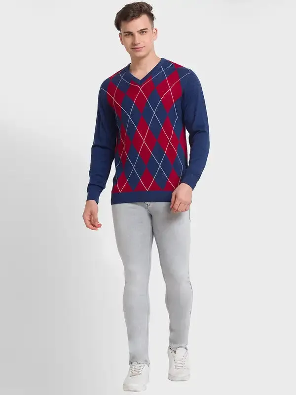 Men Blue Tailored Fit Jacquard Acrylic Merino Blend Full Sleeve V Neck Collar Sweaters
