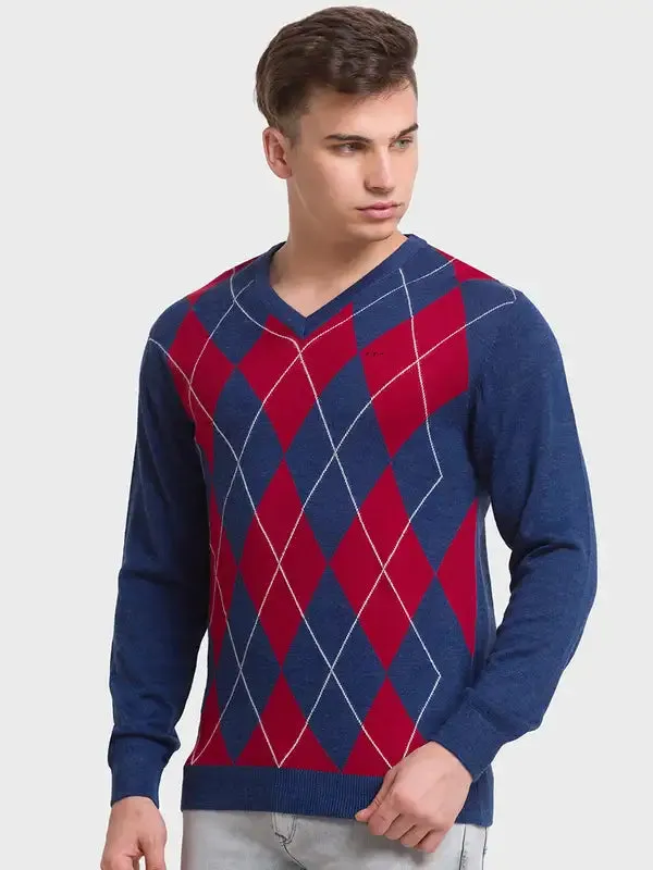 Men Blue Tailored Fit Jacquard Acrylic Merino Blend Full Sleeve V Neck Collar Sweaters