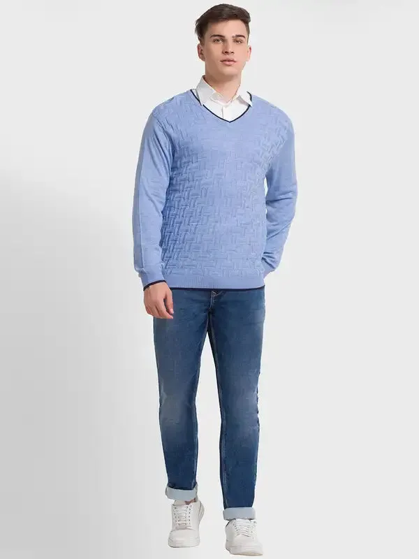 Men Blue Tailored Fit Structure Acrylic Merino Blend Full Sleeve V Neck Collar Sweaters