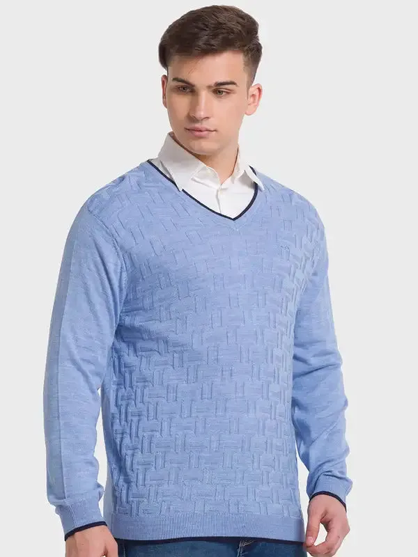 Men Blue Tailored Fit Structure Acrylic Merino Blend Full Sleeve V Neck Collar Sweaters