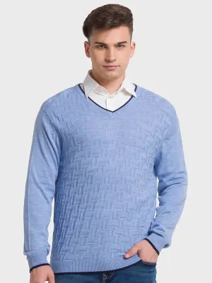 Men Blue Tailored Fit Structure Acrylic Merino Blend Full Sleeve V Neck Collar Sweaters
