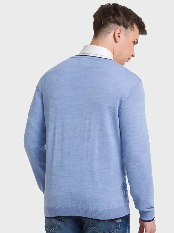 Men Blue Tailored Fit Structure Acrylic Merino Blend Full Sleeve V Neck Collar Sweaters