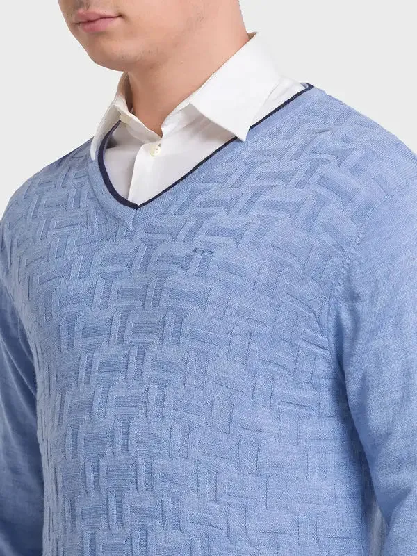 Men Blue Tailored Fit Structure Acrylic Merino Blend Full Sleeve V Neck Collar Sweaters