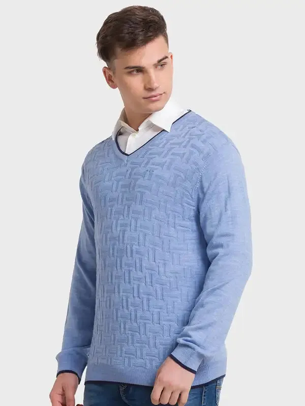 Men Blue Tailored Fit Structure Acrylic Merino Blend Full Sleeve V Neck Collar Sweaters