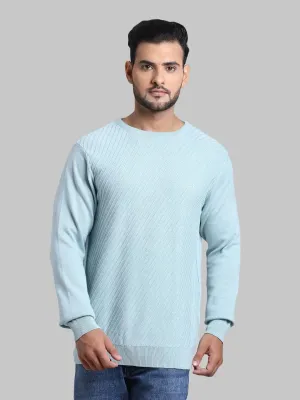 Men Blue Tailored Fit Structure Cotton Full Sleeve Round Collar Sweaters