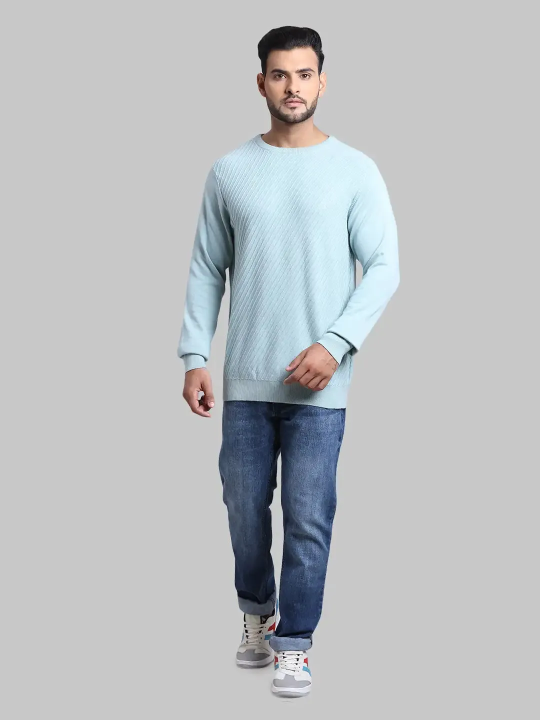 Men Blue Tailored Fit Structure Cotton Full Sleeve Round Collar Sweaters