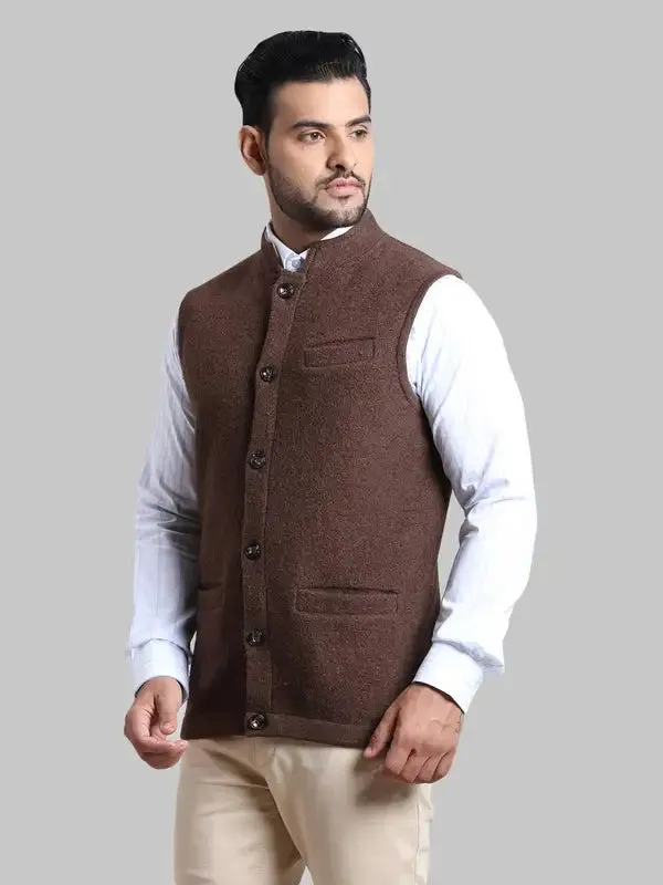 Men Brown Tailored Fit Solid Merino Wool Sleeveless Jackets