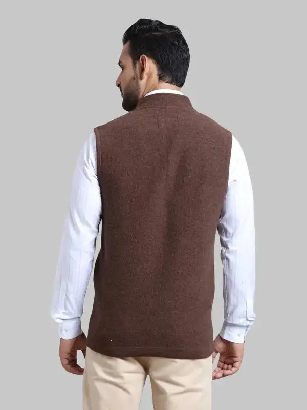 Men Brown Tailored Fit Solid Merino Wool Sleeveless Jackets