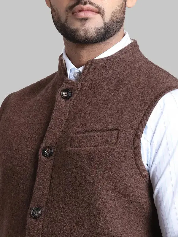 Men Brown Tailored Fit Solid Merino Wool Sleeveless Jackets