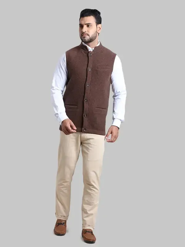 Men Brown Tailored Fit Solid Merino Wool Sleeveless Jackets
