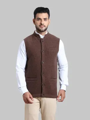 Men Brown Tailored Fit Solid Merino Wool Sleeveless Jackets