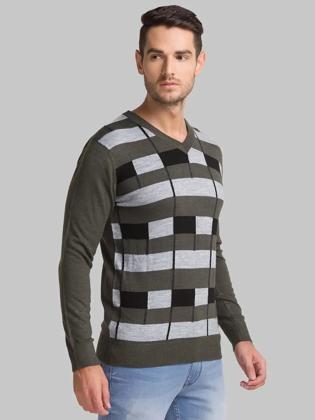 Men Green Intarsia Acrylic Blend Full Sleeve Sweaters