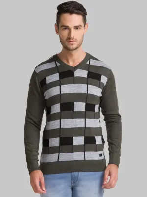 Men Green Intarsia Acrylic Blend Full Sleeve Sweaters