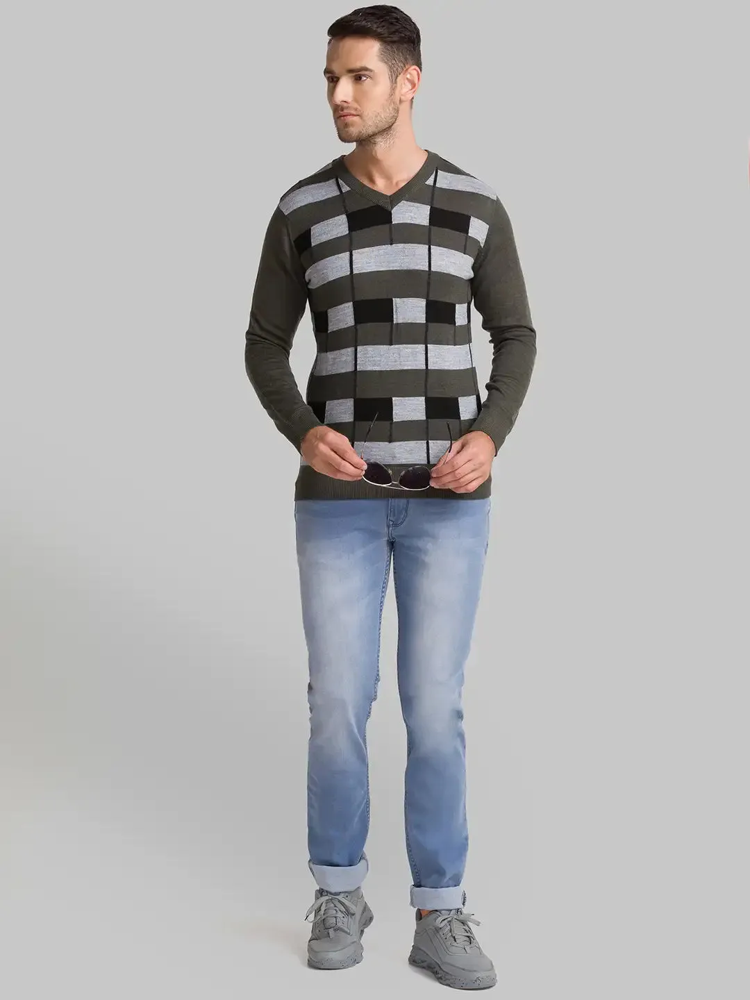 Men Green Intarsia Acrylic Blend Full Sleeve Sweaters