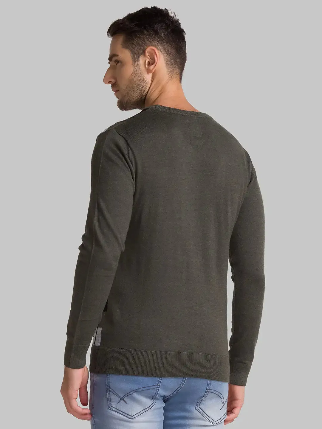 Men Green Intarsia Acrylic Blend Full Sleeve Sweaters
