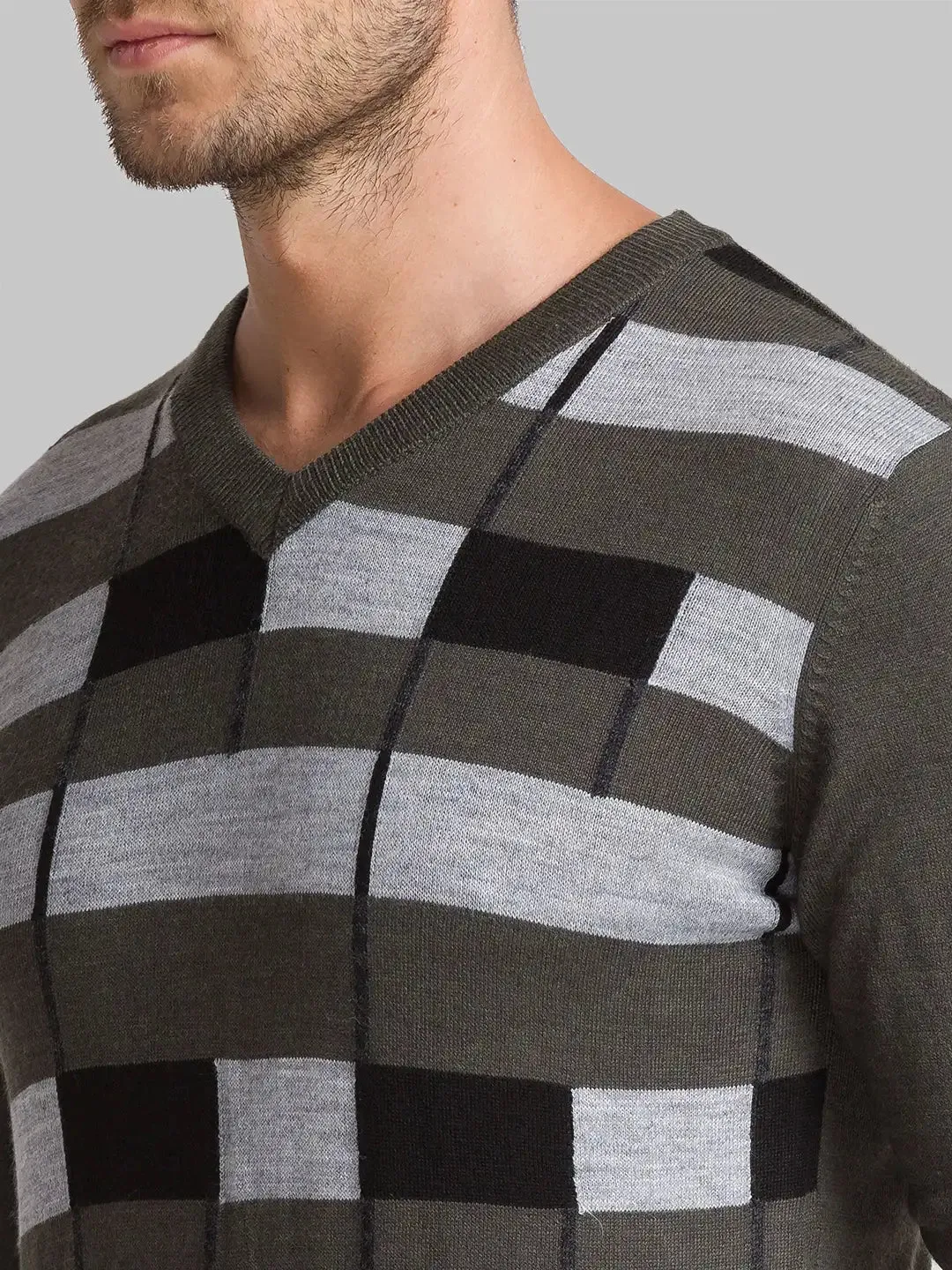 Men Green Intarsia Acrylic Blend Full Sleeve Sweaters