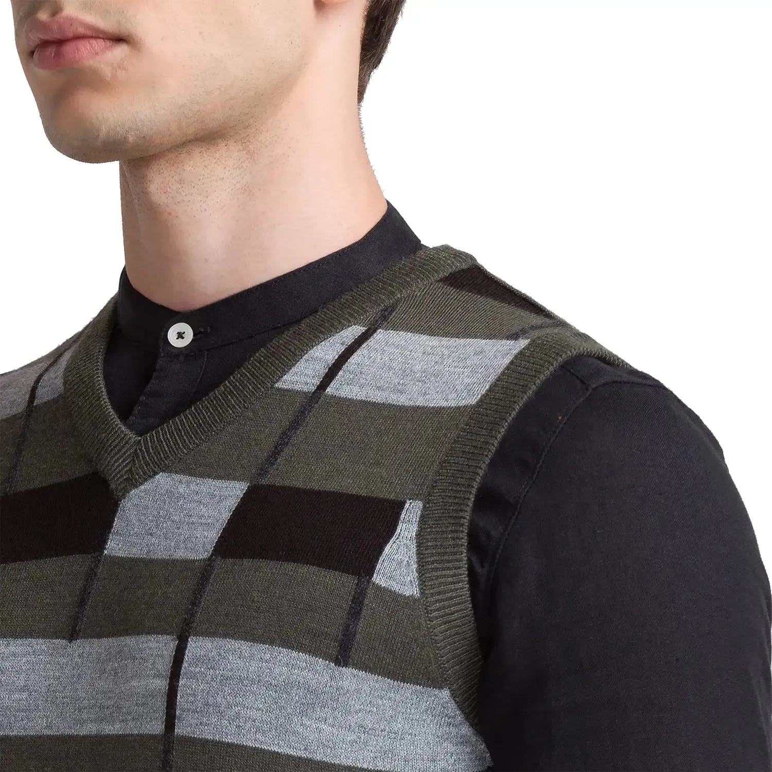 Men Green Intarsia Acrylic Blend Sleeveless Sweaters