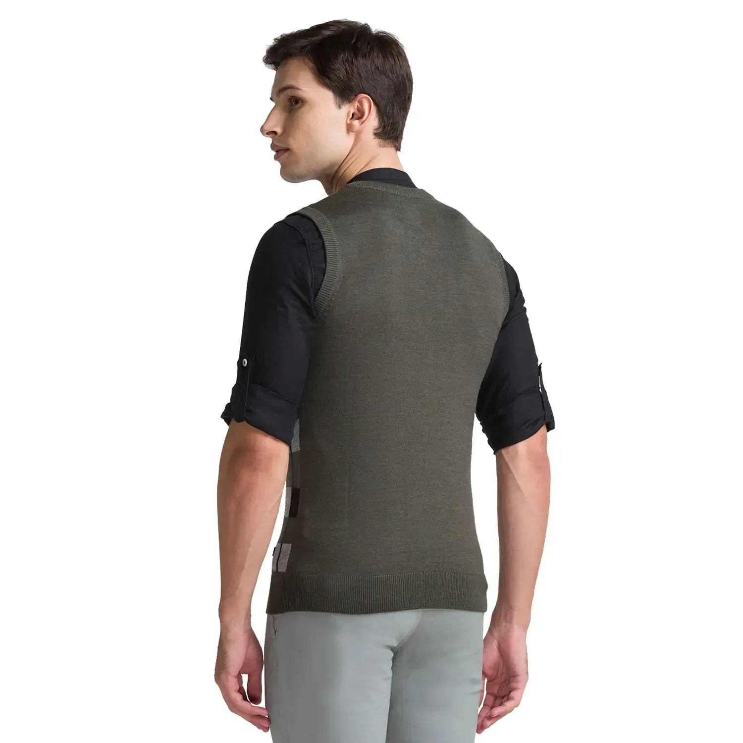 Men Green Intarsia Acrylic Blend Sleeveless Sweaters