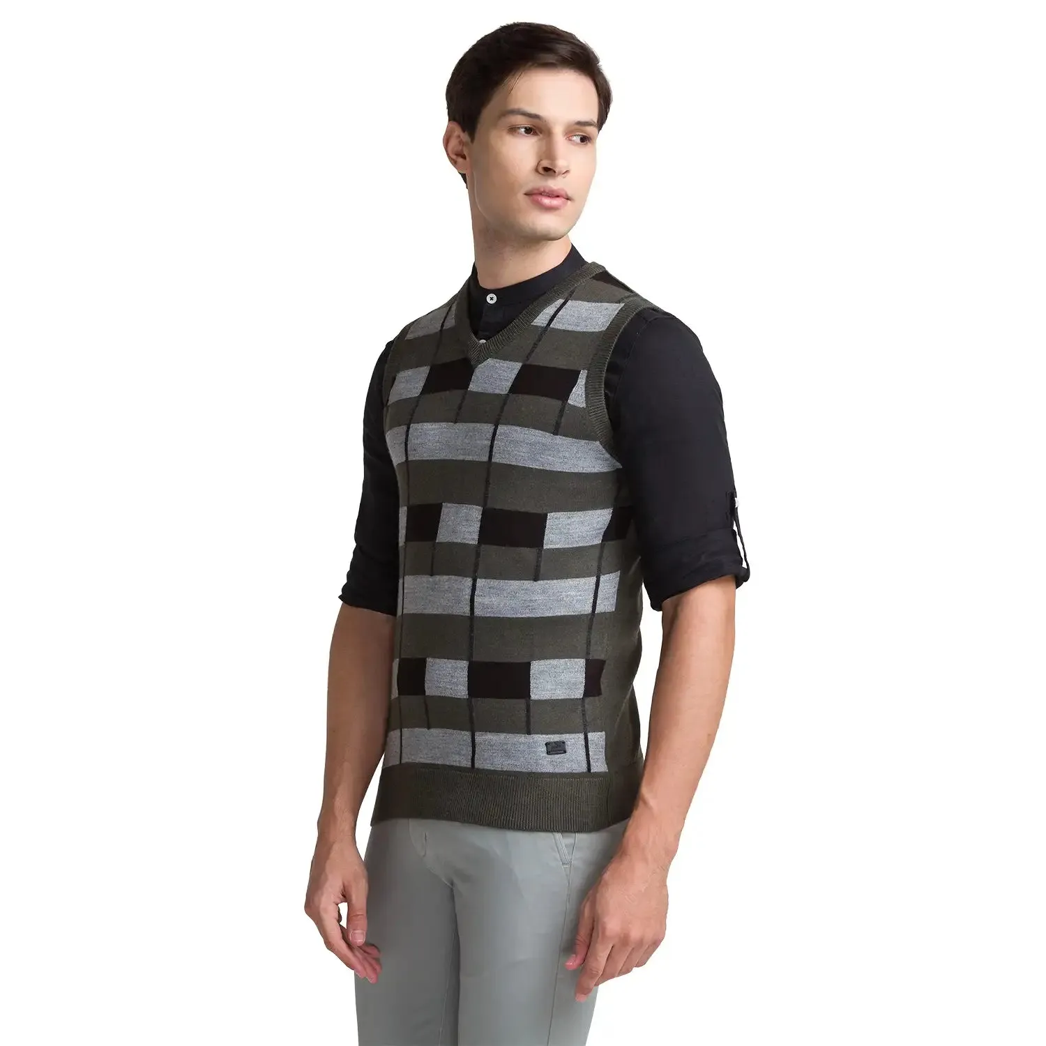 Men Green Intarsia Acrylic Blend Sleeveless Sweaters