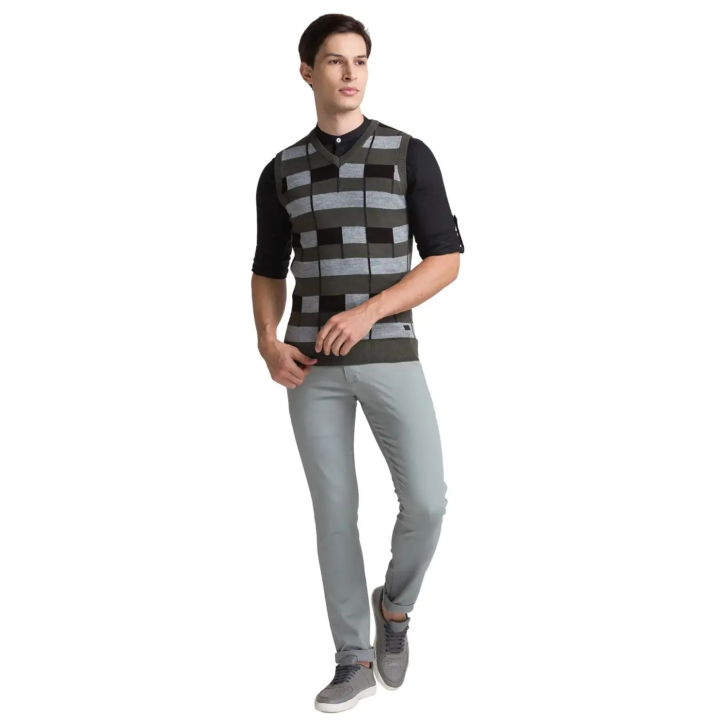 Men Green Intarsia Acrylic Blend Sleeveless Sweaters