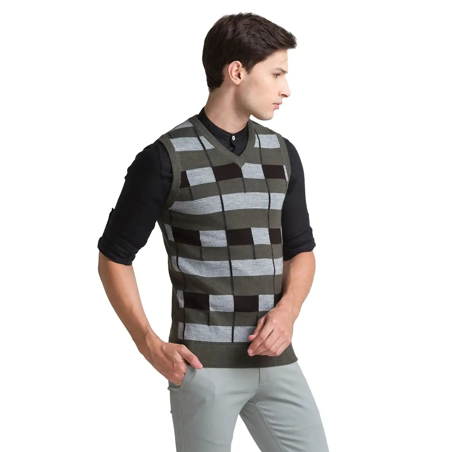 Men Green Intarsia Acrylic Blend Sleeveless Sweaters