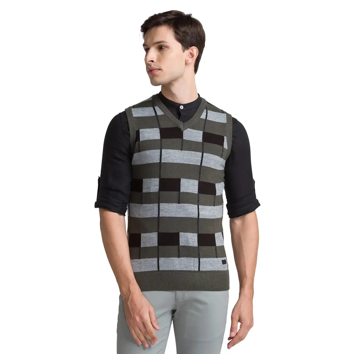 Men Green Intarsia Acrylic Blend Sleeveless Sweaters