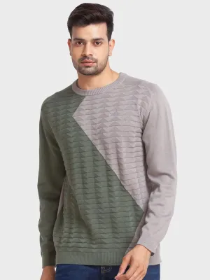Men Green Tailored Fit Jacquard Cotton Full Sleeve Round Collar Sweaters