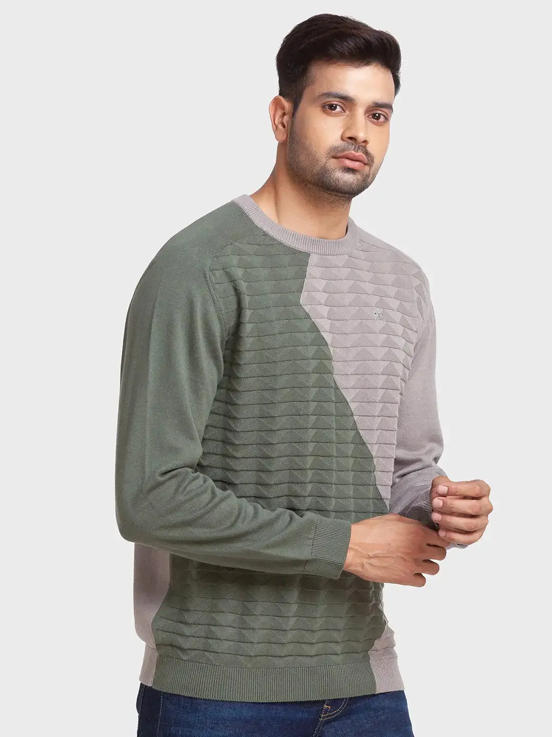 Men Green Tailored Fit Jacquard Cotton Full Sleeve Round Collar Sweaters